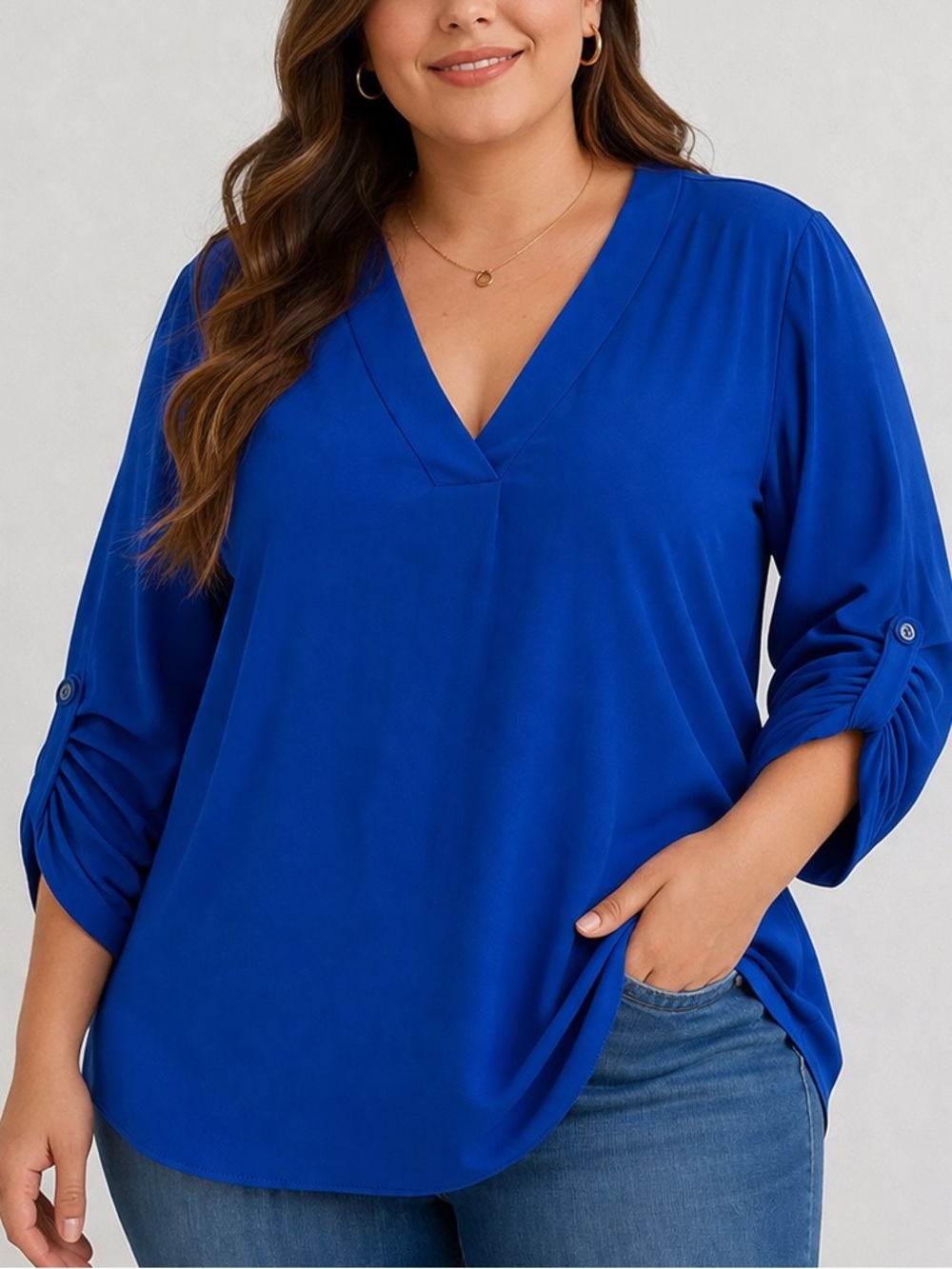 New York Company Royal Blue V Neck Roll Tab Sleeve Blouse Office Chic